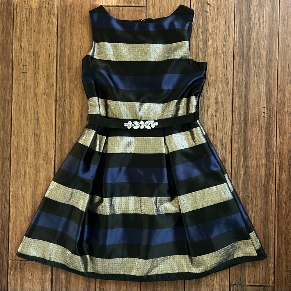 Amy Byer Girls 14 Formal Dress Shimmery Gold Blue Black Wedding Holiday Event